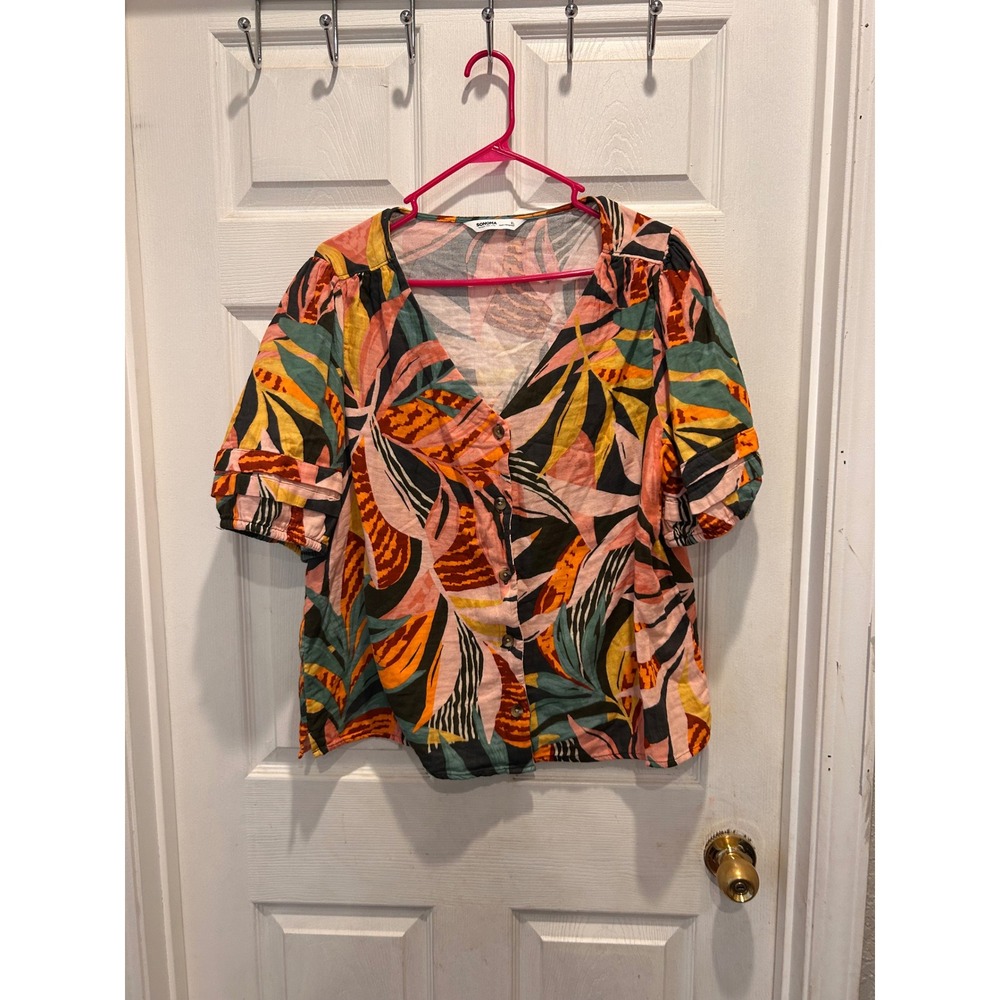 Sonoma Goods For Life Womens XL Tropical Leaf‎ Button Cotton Puff Sleeve Top